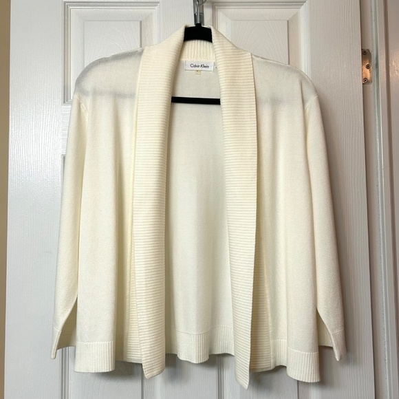 NWOT Calvin Klein Cropped Shawl Collar Open Cardigan 3/4 Sleeve Size L Cream - Picture 3 of 15